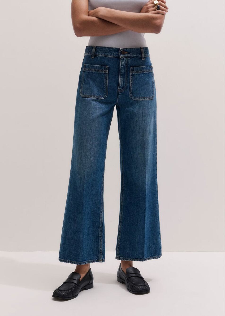 ME+EM Cropped Kick Flare Jeans In Authentic Mid Blue Wash Women’s 28 Cotton NWT